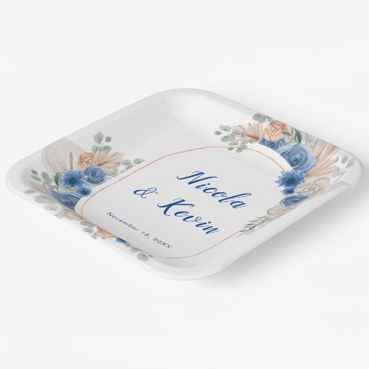 Boho Blue Pampas Grass Wedding Pappteller (Gewinkelt)