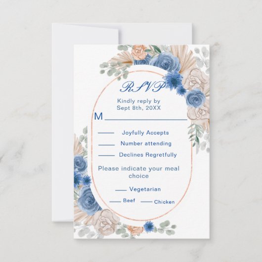 Boho Blue Pampas Grass Wedding RSVP Karte (Vorderseite)