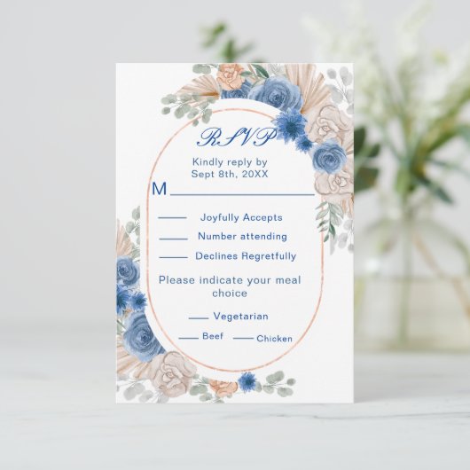 Boho Blue Pampas Grass Wedding RSVP Karte (Stehend Vorderseite)