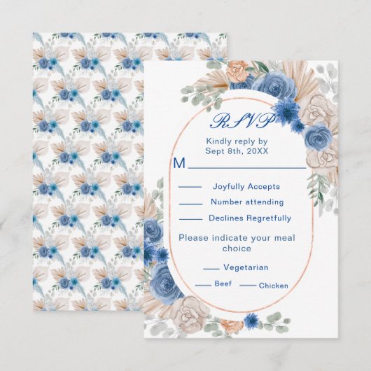 Boho Blue Pampas Grass Wedding RSVP Karte (Vorne/Hinten)