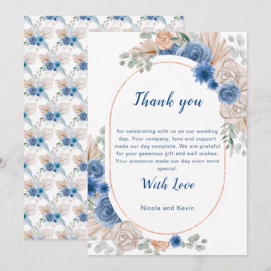 Boho Blue Pampas Grass Wedding Vielen Dank Dankeskarte (Vorne/Hinten)