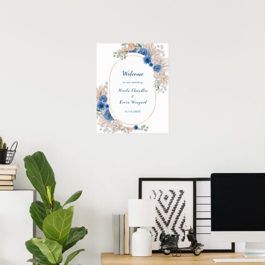 Boho Blue Pampas Grass Wedding Willkommen Poster (Heimbüro)