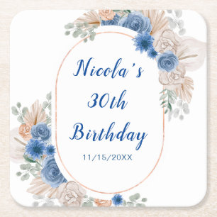 Boho Blue Pampasgras Geburtstag Rechteckiger Pappuntersetzer