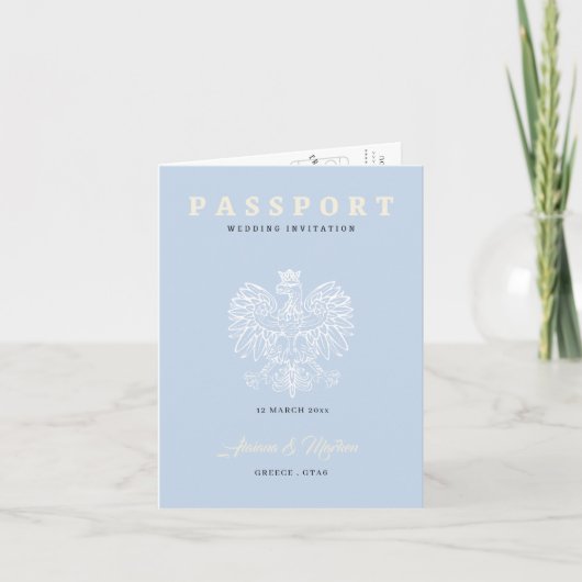 Boho Blue Passport Hochzeit in Urlaubsort Einladun Einladung (Vorderseite)