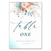 Boho Blue Peach Floral Wedding Tischnummer (Vorderseite)