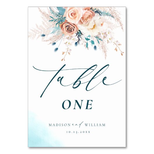 Boho Blue Peach Floral Wedding Tischnummer (Vorderseite)