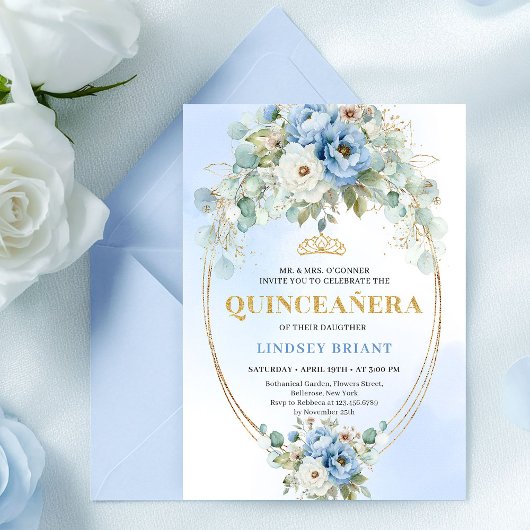 Boho Blue Peonies Eucalyptus Quinceañera Download Einladung