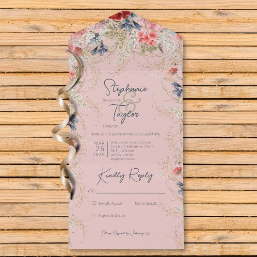 Boho Blue & Pink Floral Pink Kein Abendessen All In One Einladung