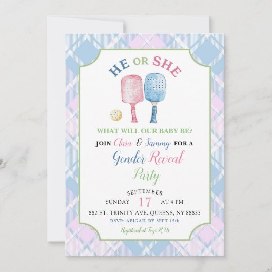 Boho Blue Pink Preppy Pickleball Gender Reveal Einladung (Vorderseite)