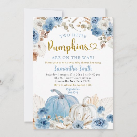 Boho Blue Pumpkin Twins Boy Baby Shower Einladung (Vorderseite)