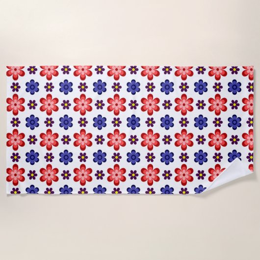 Boho Blue Purple Red Flowers Beach Towel Strandtuch (Vorderseite)