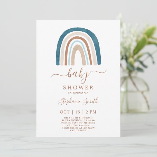 Boho Blue Rainbow Baby Shower Boy Einladung (Stehend Vorderseite)