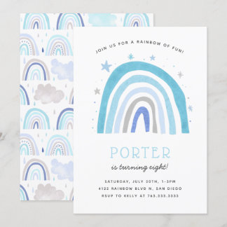 Boho Blue Rainbow Kindergeburtstag Party Einladung
