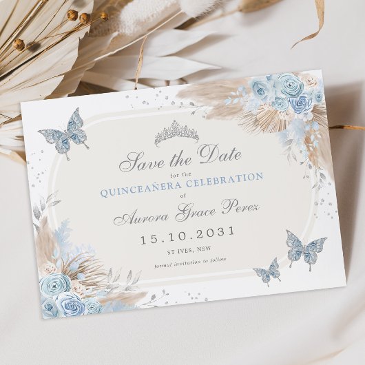 Boho Blue Silver Floral Quinceanera Save the Date Ankündigung