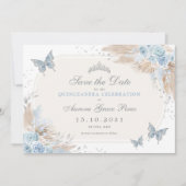 Boho Blue Silver Floral Quinceanera Save the Date Ankündigung (Vorderseite)