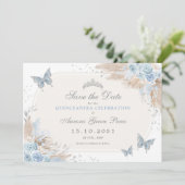Boho Blue Silver Floral Quinceanera Save the Date Ankündigung (Stehend Vorderseite)