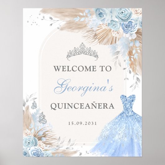 Boho Blue Silver Quinceañera 15. Geburtstag Willko Poster (Vorne)