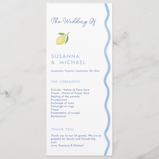 Boho Blue Squiggle Border Lemon Wedding Program Programm (Vorderseite)