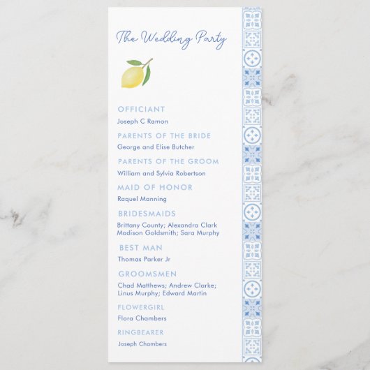 Boho Blue Squiggle Border Lemon Wedding Program Programm (Rückseite)