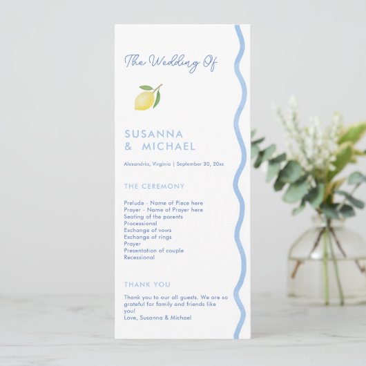 Boho Blue Squiggle Border Lemon Wedding Program Programm (Stehend Vorderseite)