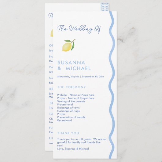 Boho Blue Squiggle Border Lemon Wedding Program Programm (Vorne/Hinten)