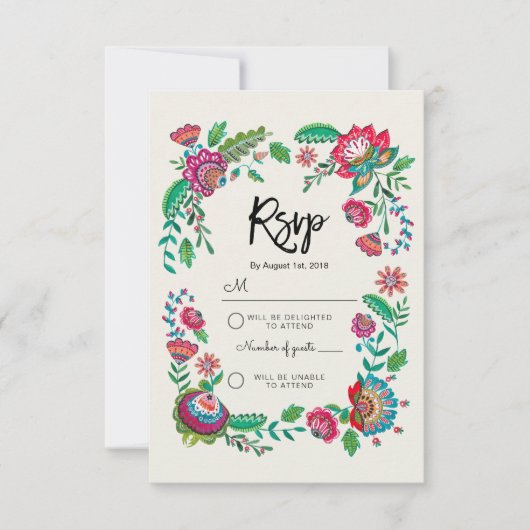 Boho Blue Stripe Folk Blume | UAwg Reply Wedding RSVP Karte (Vorderseite)