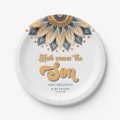 Boho Blue Sunflower Retro Typografie Baby Shower Pappteller (Vorderseite)