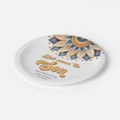 Boho Blue Sunflower Retro Typografie Baby Shower Pappteller (Schrägansicht)
