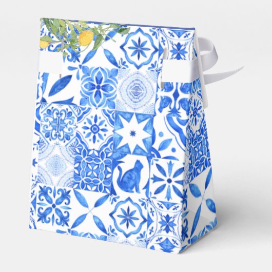 Boho Blue tile und Lemon Arch Hochzeit Vielen Dank Geschenkschachtel (Rückseite)