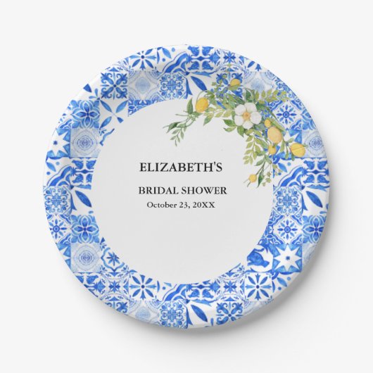 Boho Blue tile und Lemon Hochzeitstorch Pappteller (Vorderseite)