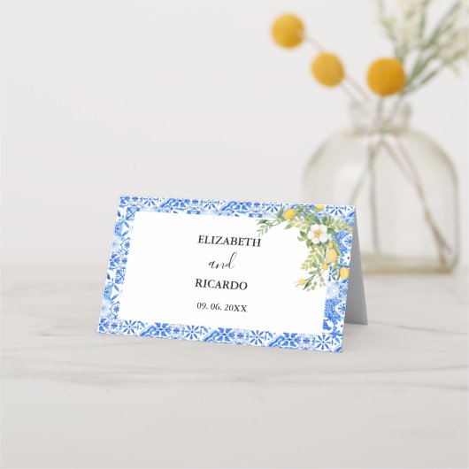 Boho Blue tile und Lemon Hochzeitstorch Platzkarte (Rückseite)