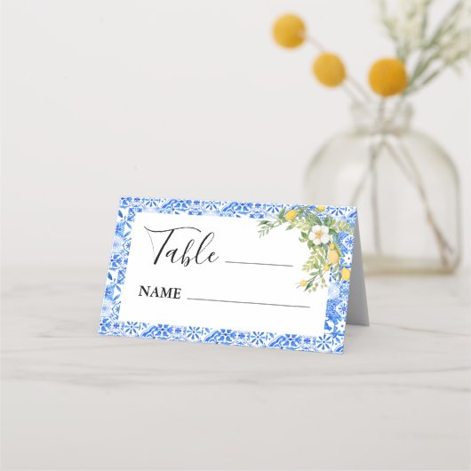 Boho Blue tile und Lemon Hochzeitstorch Platzkarte (Vorderseite)