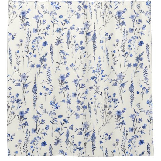 Boho Blue und White Wildblumen Duschvorhang (Vorderseite)