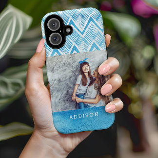 Boho Blue Wassercolor Zickzack | MIT MONOGRAMM FOT iPhone 16 Hülle