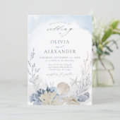 Boho Blue Watercolor Beach Wedding Einladung (Stehend Vorderseite)
