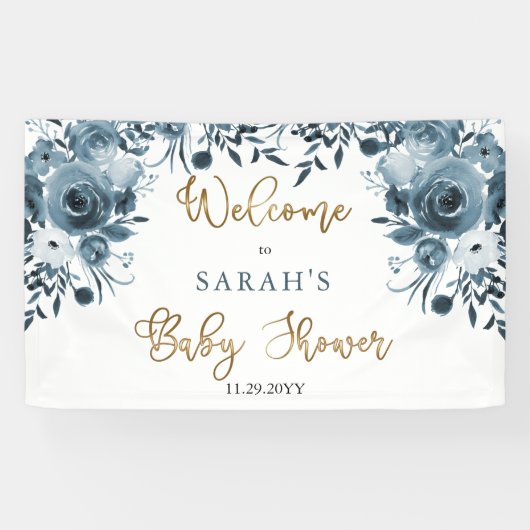 Boho Blue Watercolor Blumenbaby Dusche Willkommen Banner (Horizontal)