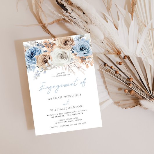 Boho Blue: Watercolor Boho Floral Engagement Party Einladung