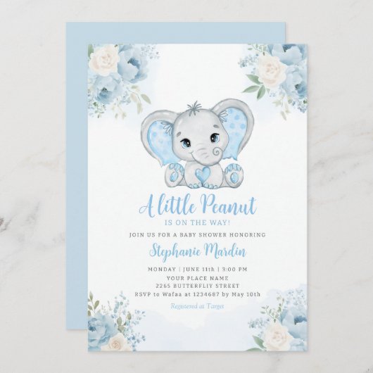 Boho Blue Watercolor Boy Elephant Baby Shower Einladung (Vorne/Hinten)