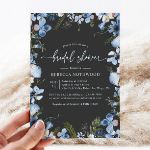 Boho Blue Watercolor Floral Charcoal Brautparty Einladung