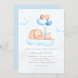Boho Blue Watercolor Niedlich Balloon Babydusche Einladung