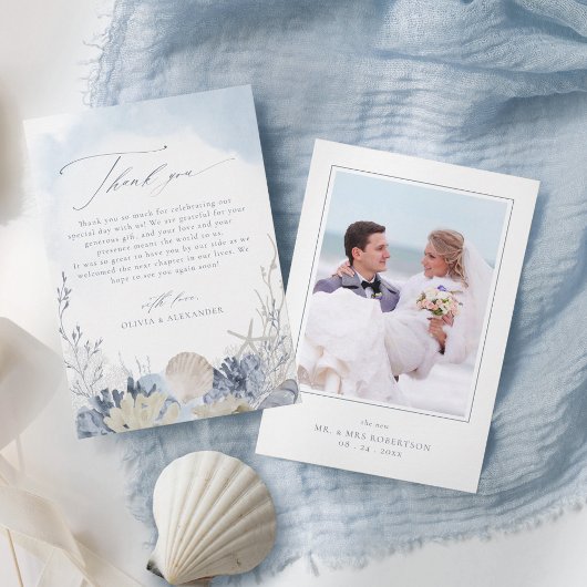 Boho Blue Watercolor Shells Beach Wedding Photo Dankeskarte