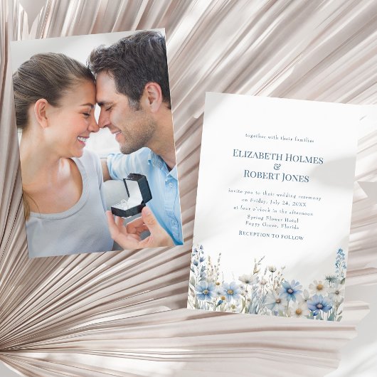 Boho Blue Watercolor Wildblumen & Foto Wedding Einladung