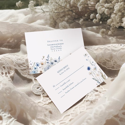 Boho Blue Watercolor Wildblumen Hochzeit RSVP Card Dankeskarte