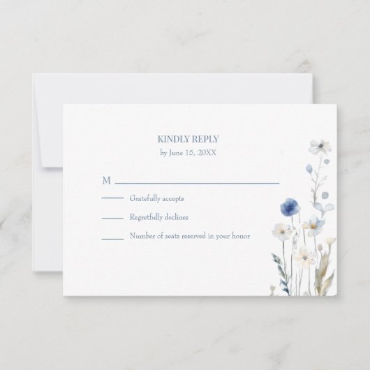 Boho Blue Watercolor Wildflowers Wedding RSVP Card (Vorderseite)