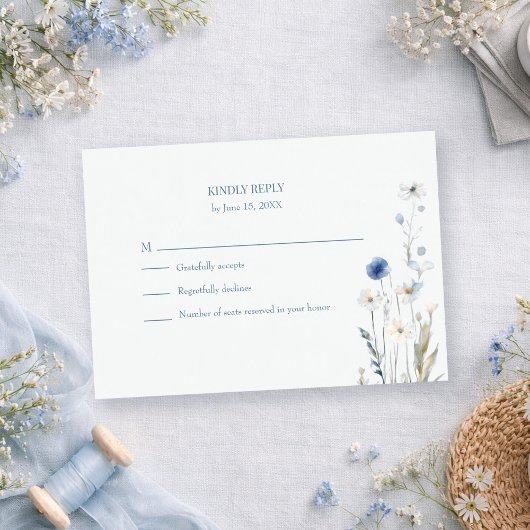 Boho Blue Watercolor Wildflowers Wedding RSVP Card Karte