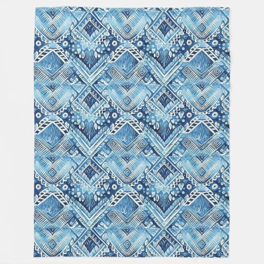 Boho Blue White Floral Hearts Abstrakt Fleecedecke (Vorderseite)