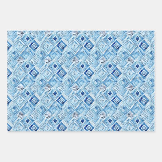 Boho Blue White Floral Hearts Abstrakt Geschenkpapier Set (Vorderseite 3)