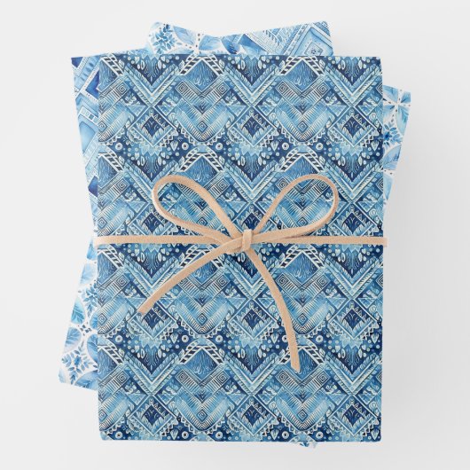 Boho Blue White Floral Hearts Abstrakt Geschenkpapier Set (Beispiel)