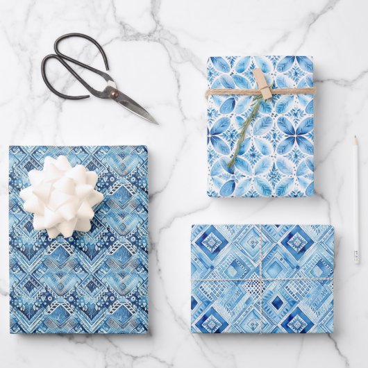 Boho Blue White Floral Hearts Abstrakt Geschenkpapier Set (Vorderseite)
