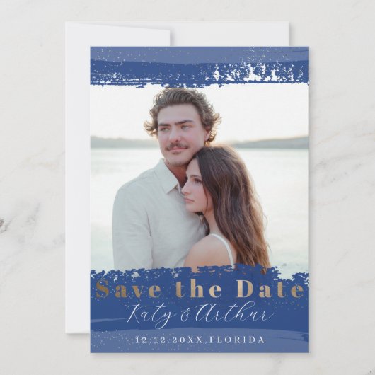 Boho Blue, White & Gold Save the Date (Vorderseite)